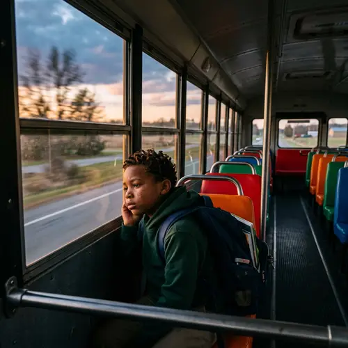 Melancholic Moments: A Boy on an Empty School Bus