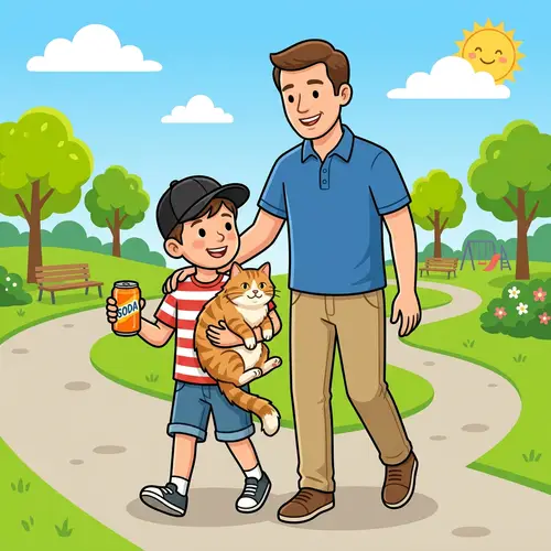 Park Scene Clipart: Young Boy with Cat and Soda Can