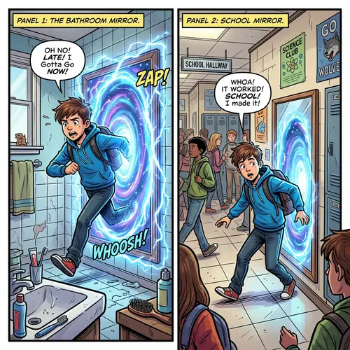 Comic of a Boy Teleporting Between Mirrors