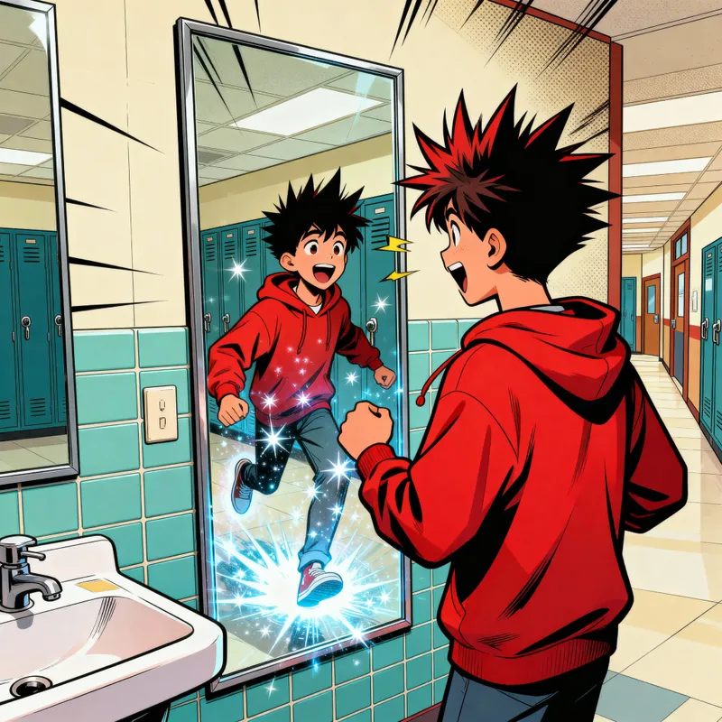 Comic of a Boy Teleporting Between Mirrors Comic of a Boy Teleporting Between Mirrors