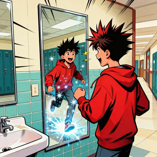 Comic of a Boy Teleporting Between Mirrors