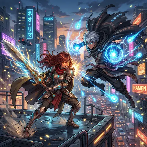 Anime Fighting: Epic Duel in Urban Landscape at Dusk