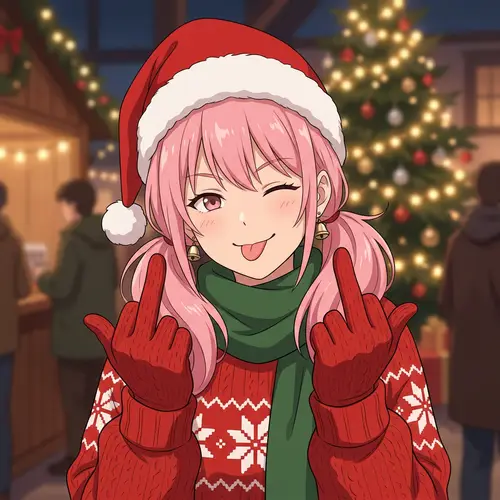 Festive Pink-Haired Anime Woman | Cheeky Santa Gesture