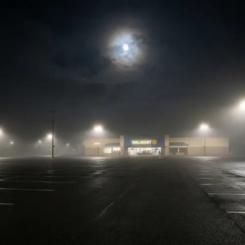 Mysterious Walmart at Night: Fog and Full Moon