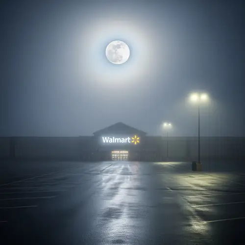 Mysterious Walmart at Night: Fog and Full Moon