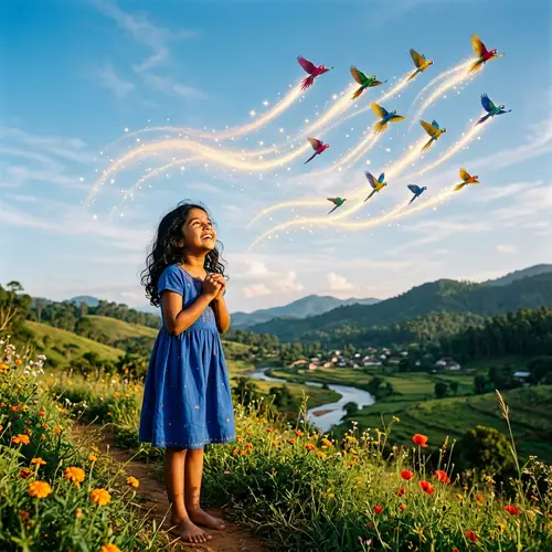 Birds of Hope | Serene Landscape with Vibrant, Multi-Colored Birds