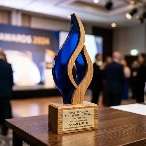 Wood Trophy in Blue and Oak Finish