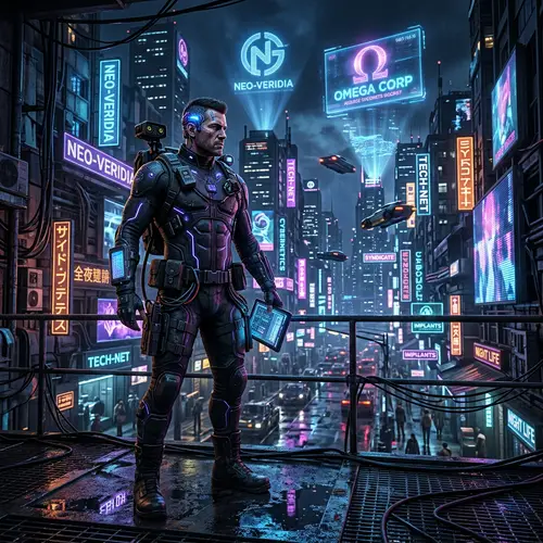 Futuristic Cyberpunk Art: Roque in Neon-Lit Cityscape