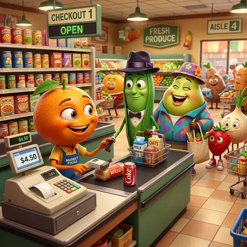 Fantastical Pixar Style Supermarket Checkout Scene