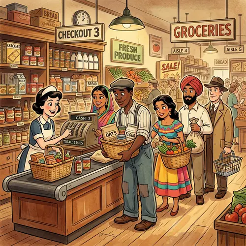 Supermarket Billing Counter Scene: Animated 20th Century Style