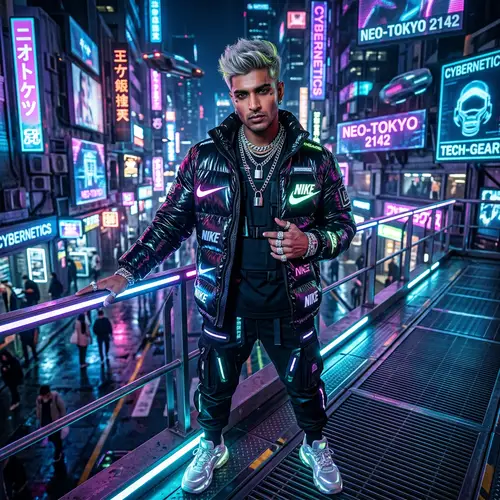 Cyberpunk Style: Male Supermodel in Nike Puffer Jacket