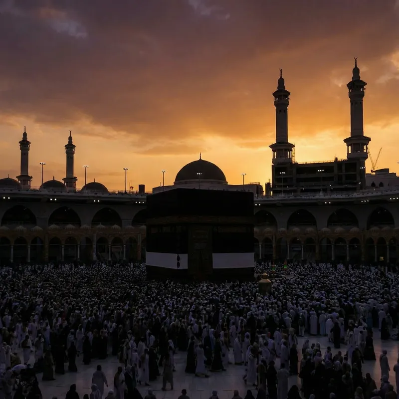 Majestic Kaaba at Sunset with Pilgrims
