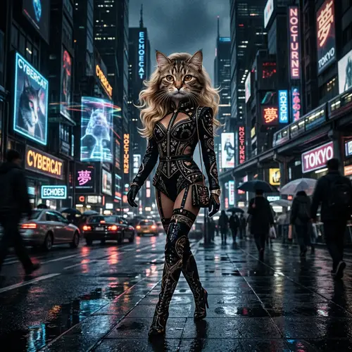Surreal Cat-Headed Model in Modern Cityscape