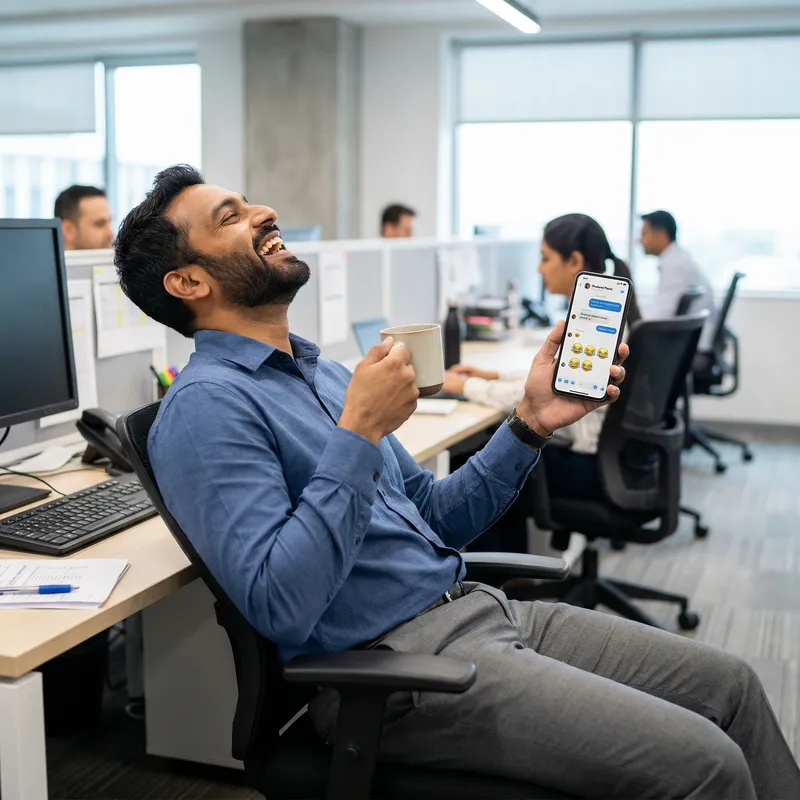 Attractive Man Engaging in Group Chat at Workplace Attractive Man Engaging in Group Chat at Workplace