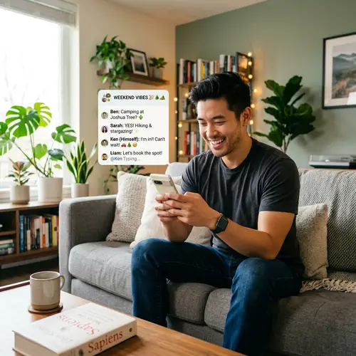 Weekend Plans Group Chat: Handsome Man Excitedly Texting Friends