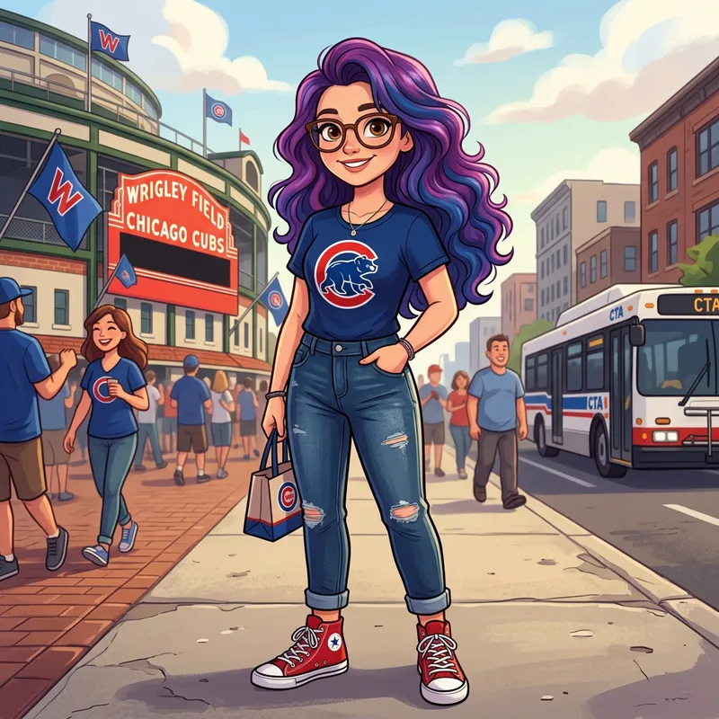 Cartoon Girl with Purple Hair and Cubs Shirt