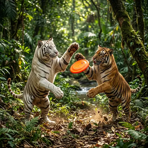 White and Brown Tigers Playful Frisbee Battle