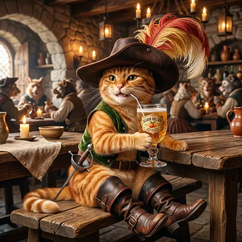 Stylish Feline Character Sipping Beverage in Boots and Hat