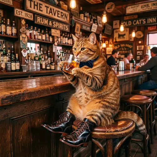 Sophisticated Cat in Boots Enjoying Rum at Vintage Bar