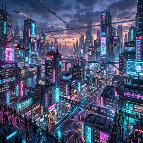 Futuristic Neon Cityscape at Dusk - Cyberpunk Digital Art