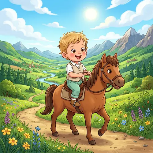Baby Boy Riding a Horse in a Scenic Valley
