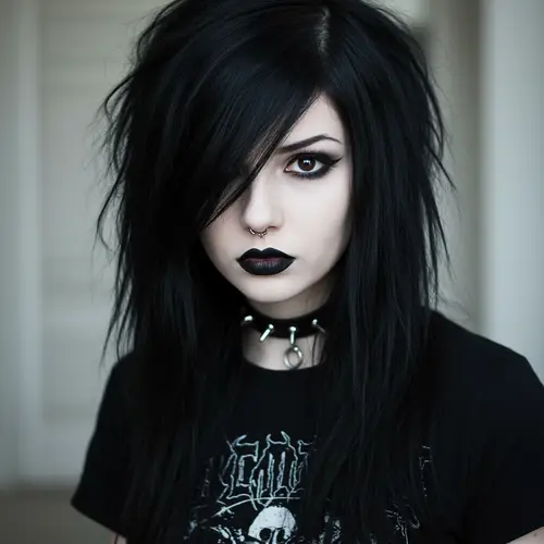 Stunning Emo Portrait: Young Woman with Jet-Black Hair