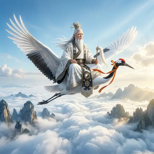 Majestic Taoist Immortal Flying on a White Crane