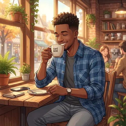 Anime-Style Black Man Enjoying Coffee in Cozy Café