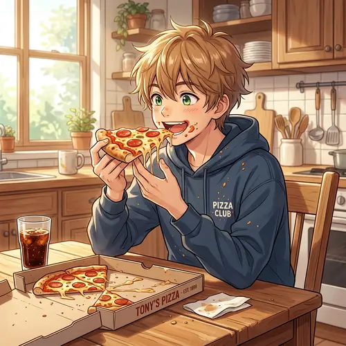 Teenage Anime Boy Enjoying Pepperoni Pizza | Illustration