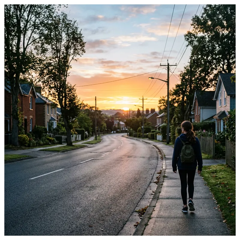 Girl Walking Alone on Empty Street at Sunrise