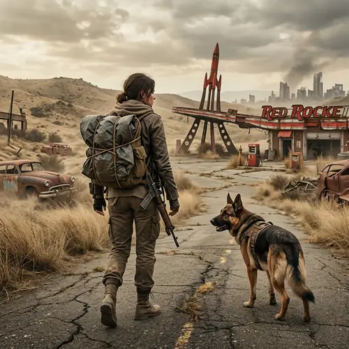 Post-Apocalyptic Adventure: Nora and Dog at Red Rocket Gas Station
