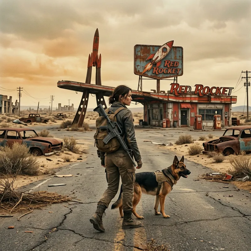Post-Apocalyptic Female Protagonist with Rifled German Shepherd at Red Rocket Station