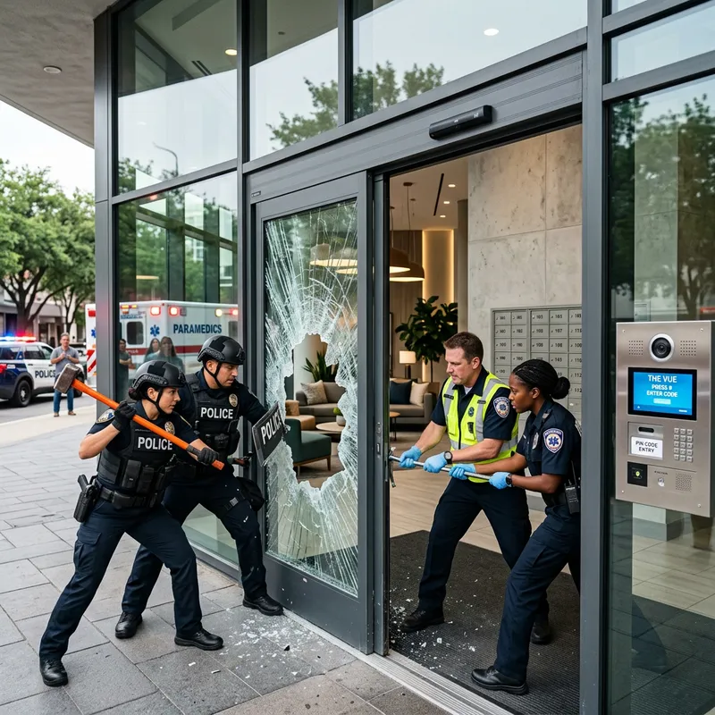 Emergency Response Scenario at Modern Building Entrance