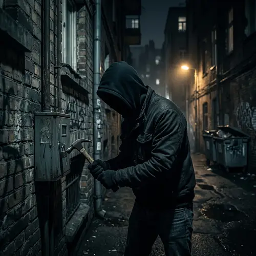 Dark Late-Night Scene with Hooded Intruder Breaking into Secured Box