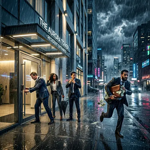 Intense Rain-Soaked Cityscape with High-Tech Apartment Building
