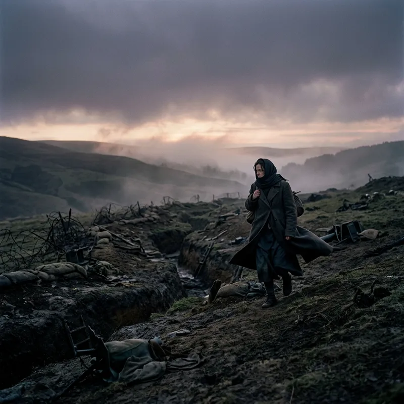 Shadowy Hills at Murky Dawn: Female Figure Rising in Sway