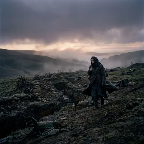 Shadowy Hills at Murky Dawn: Female Figure in Sway