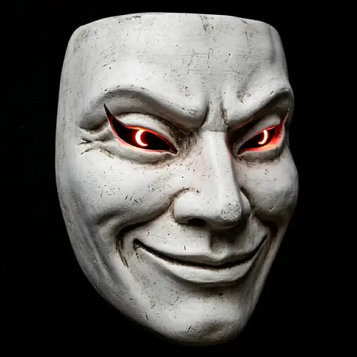 White Theatrical Mask with Glowing Red Crescent Eyes