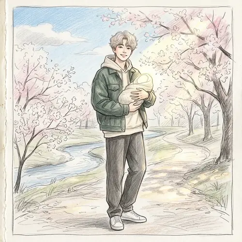 Park Jimin Pregnancy Sketch: Young Korean Man in Stylish Streetwear