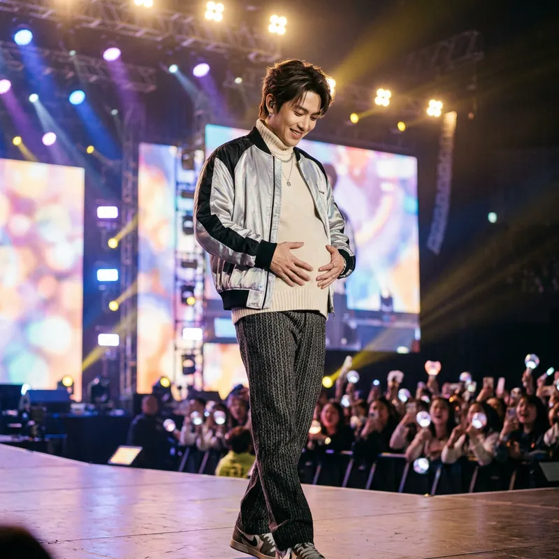Expectant East Asian Male Pop Star | Trendy Clothes & Joyful Parenthood
