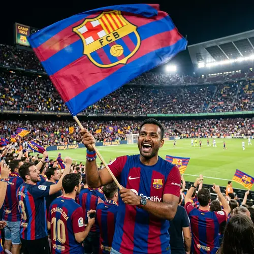 Excited Barcelona Soccer Fan in Classic Jersey and Matching Flag