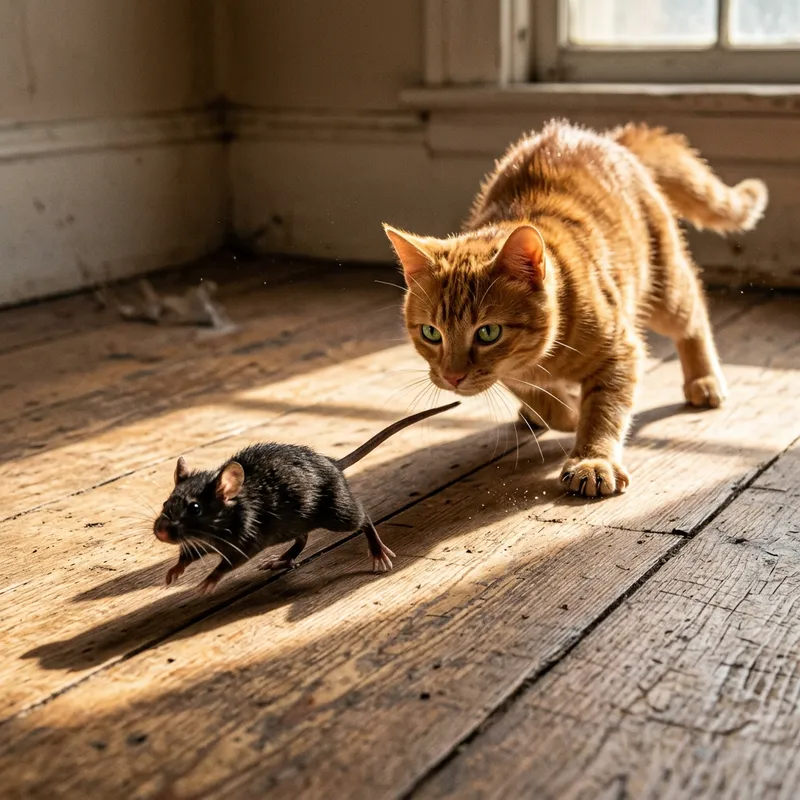 Black Mouse Chased by Ginger Cat - A Feline Pursuit