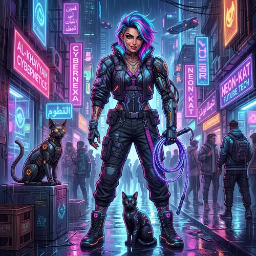 Futuristic Cat Lady with Cybernetic Arm in Neo Aesthetic