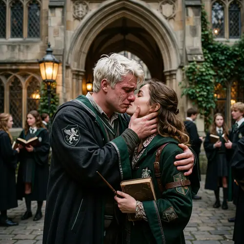 Emotional Kiss between Young Man and Woman in Magical School Attire