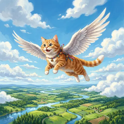 Whimsical Ginger Cat Soaring in Joyful Exhilaration