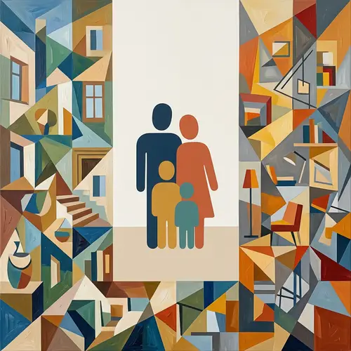 Family Minimalism Artwork with Cubism Background
