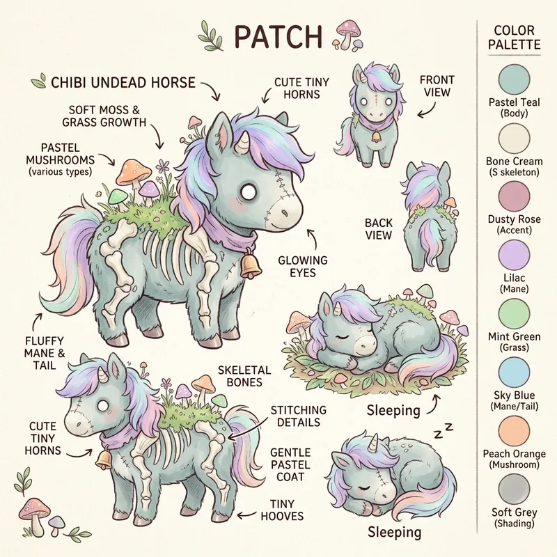 Adorable Chibi-Style Undead Horse Reference Sheet with Pastel Palette Adorable Chibi-Style Undead Horse Reference Sheet with Pastel Palette