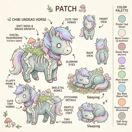 Chibi-Style Undead Horse Reference Sheet in Pastel Shades