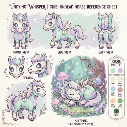 Captivating Undead Horse Chibi Reference Sheet in Soft Pastel Colors