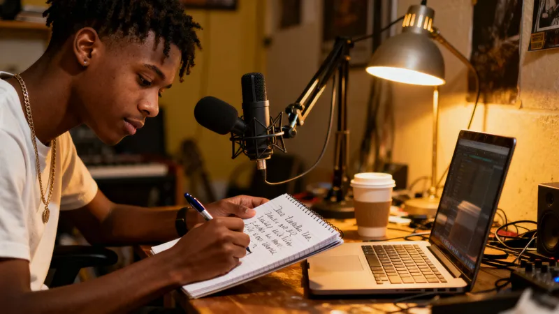 Young Black Man Writing Lyrics in Home Studio Young Black Man Writing Lyrics in Home Studio